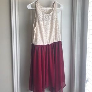A cream and maroon dress